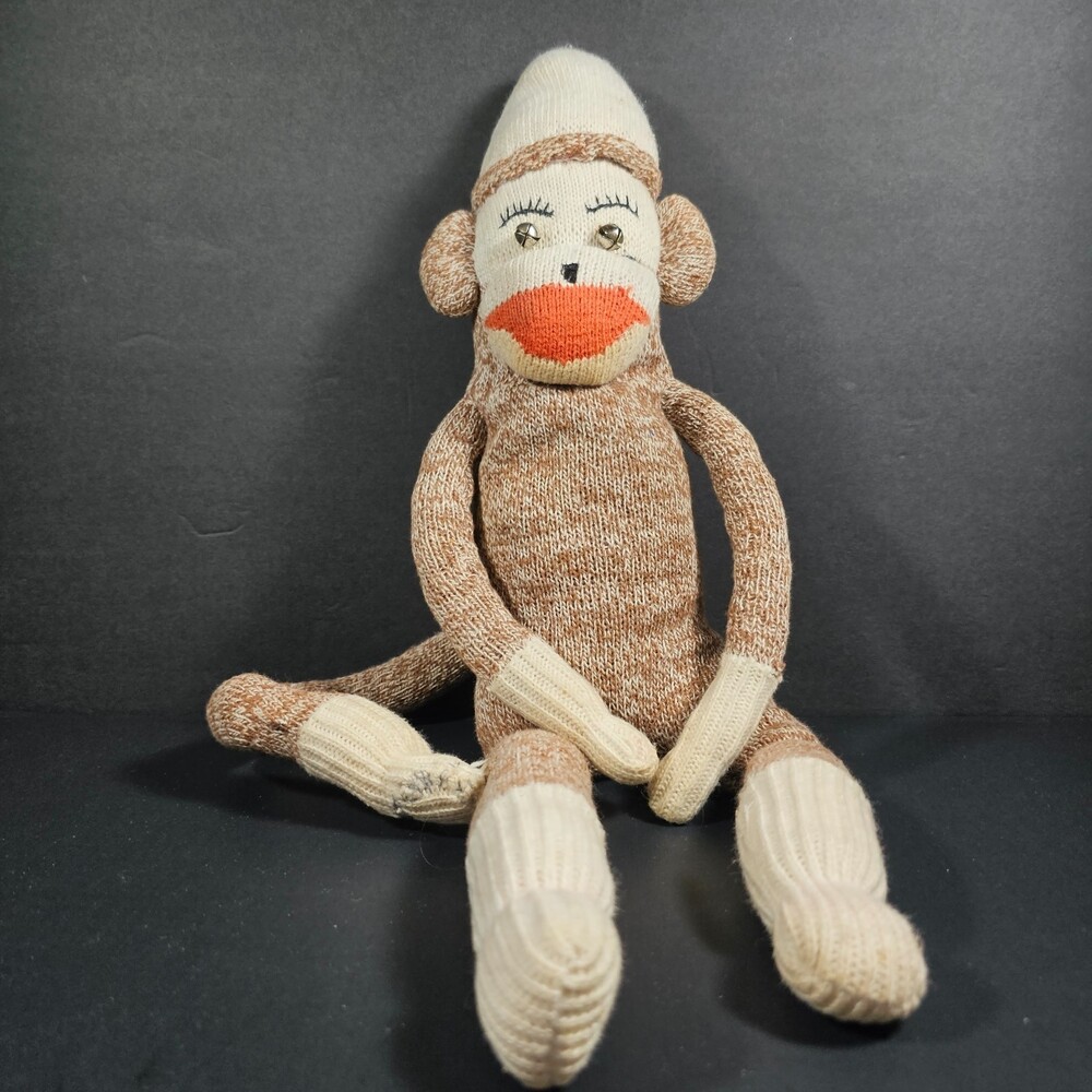 Antique Homemade Traditional Sock Monkey 16" Bells for Eyes